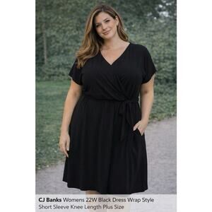 CJ Banks Womens 22W Black Dress Wrap Style Short Sleeve Knee Length Plus Size